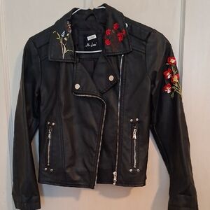 Me Jane Black  Leather‎ Look Jacket with Red Floral Embroidery (Not Leather)